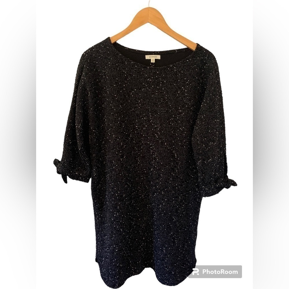 Max Studio Black Textured Shift Dress with Tie Sleeves